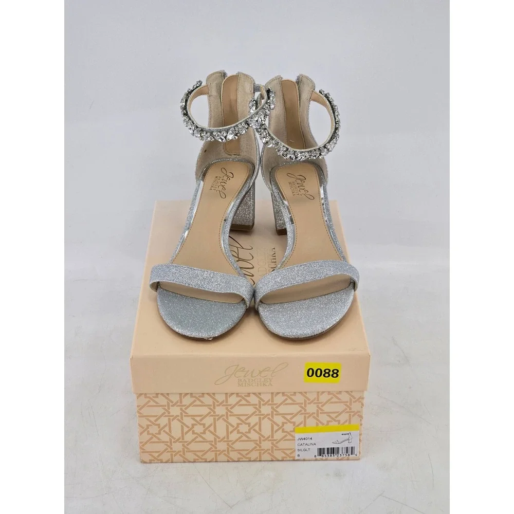 Jewel Badgley Mischka Catalina Heels Womens 8 Silver Glitter Crystal - NEW